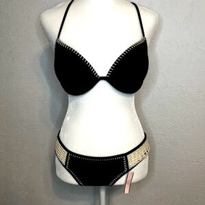 Victoria's Secret Crochet Black and Cream Bikini - Size Medium Bottom - Top 36C